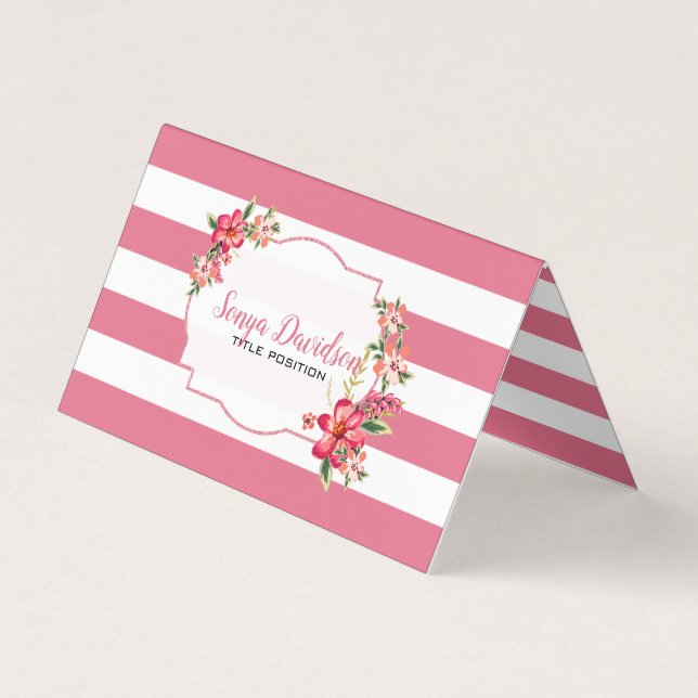 White And Pink Stripes Business Card (Front)