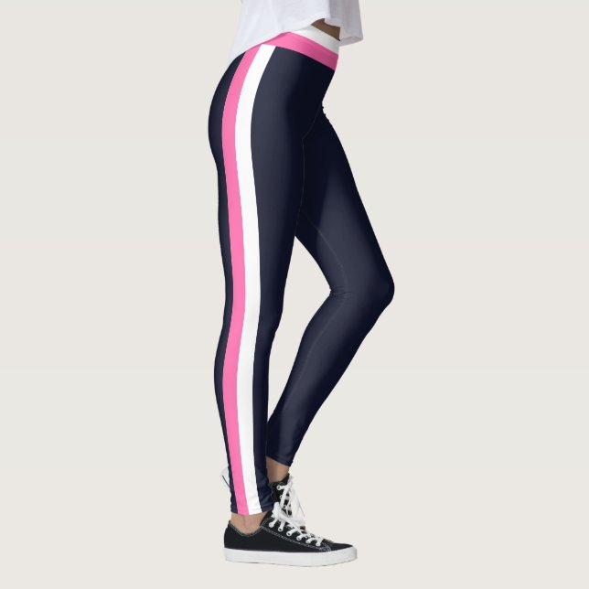 White and Pink Stripes Dark Blue Modern Sports Leggings (Right)