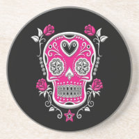 White and Pink Sugar Skull with Roses on Black