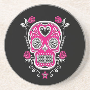 White and Pink Sugar Skull with Roses on Black Coaster