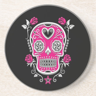 White and Pink Sugar Skull with Roses on Black Coaster