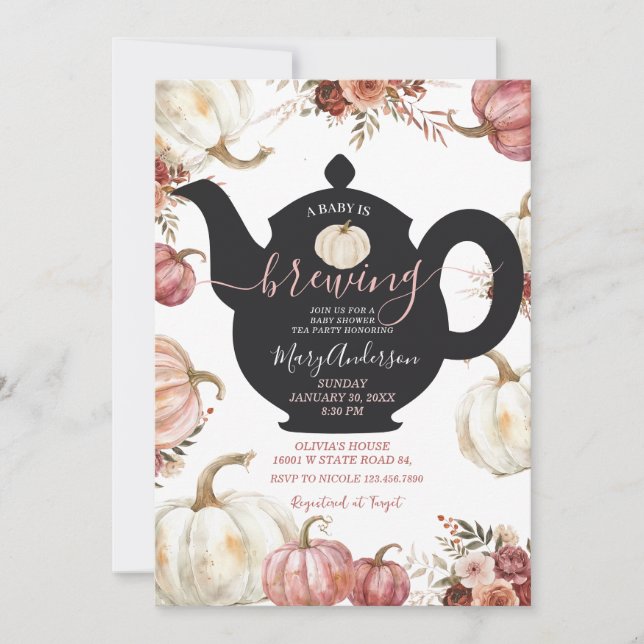 White and Pink Tea Party Pumpkin Baby is Brewing  Invitation (Front)