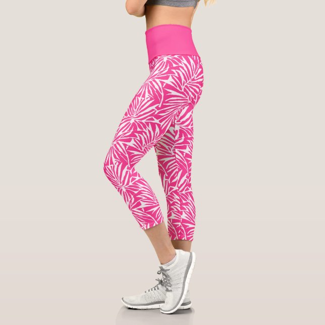 White And Pink Tropical Leaf Repeating Pattern Capri Leggings (Left)