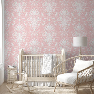 White and Pink Vintage Ornamental Damask Pattern Wallpaper