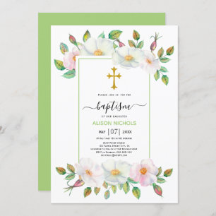 White and pink wild dog roses green floral Baptism Invitation