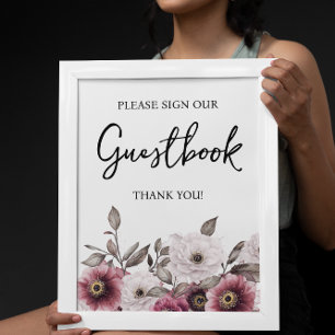 White and Plum Floral Guestbook Baby Shower Sign