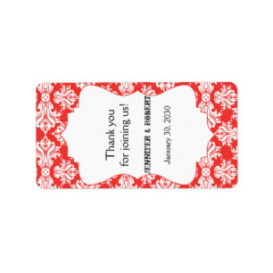 White and Poppy Red Damask Wedding Lip Balm Label