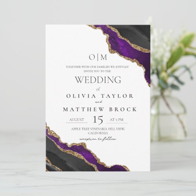 White and Purple Black Modern Agate Wedding Invitation (Standing Front)