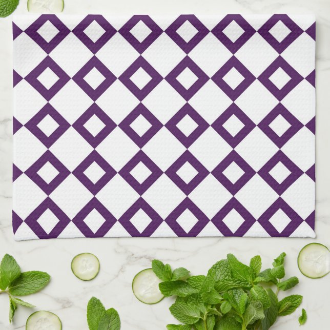 White and Purple Diamond Pattern Tea Towel (Folded)