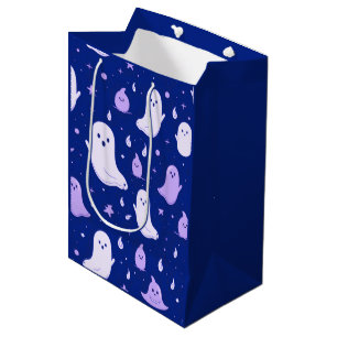 White and Purple Ghosts Stars Blue Halloween Medium Gift Bag