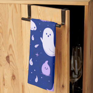 White and Purple Ghosts Stars Blue Halloween Tea Towel