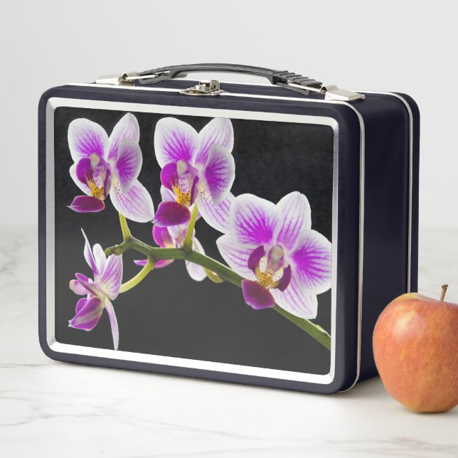 White and purple orchid metal lunch box (In Situ)