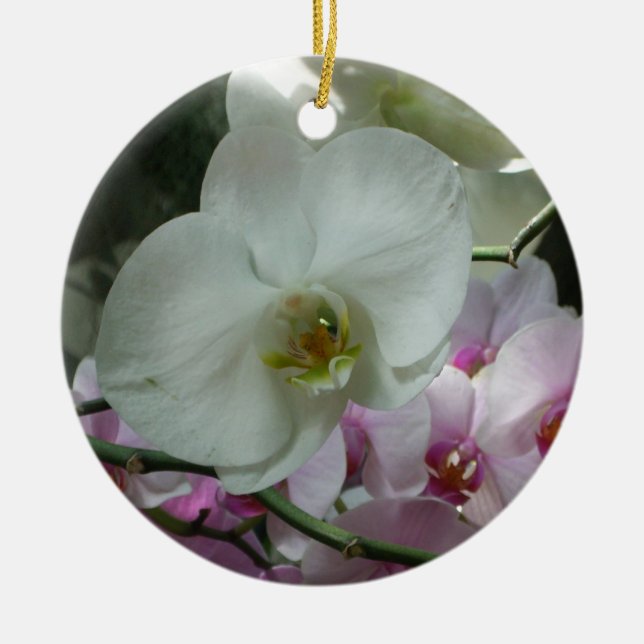 White and Purple Orchids Ceramic Tree Decoration (Front)