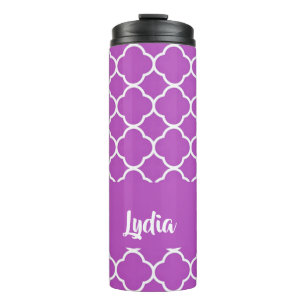 White and purple quatrefoil pattern thermal tumbler