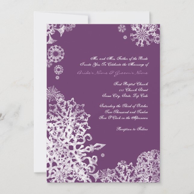 White and Purple Snowflakes Wedding Invitation 3 (Front)