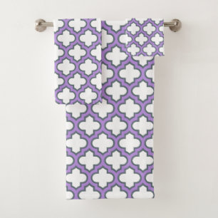 White and Purple Trellis, Lattice, Quatrefoil Bath Towel Set