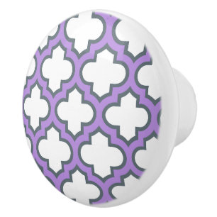 White and Purple Trellis, Lattice, Quatrefoil Ceramic Knob
