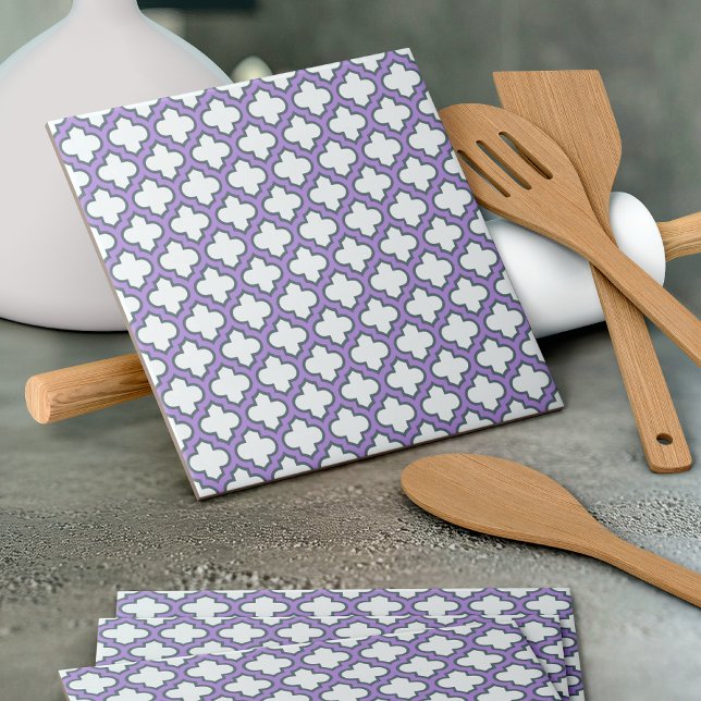 White and Purple Trellis, Lattice, Quatrefoil Ceramic Tile (Creator Uploaded)