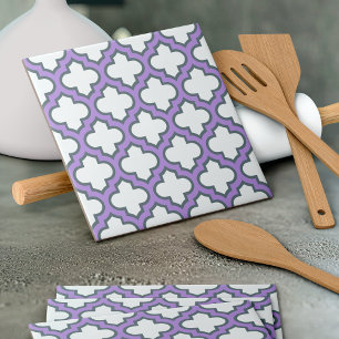 White and Purple Trellis, Lattice, Quatrefoil Ceramic Tile