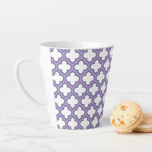 White and Purple Trellis, Lattice, Quatrefoil Latte Mug