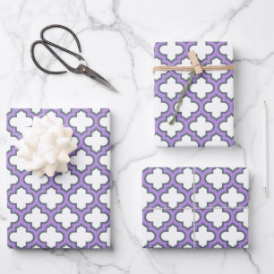 White and Purple Trellis, Lattice, Quatrefoil Wrapping Paper Sheet