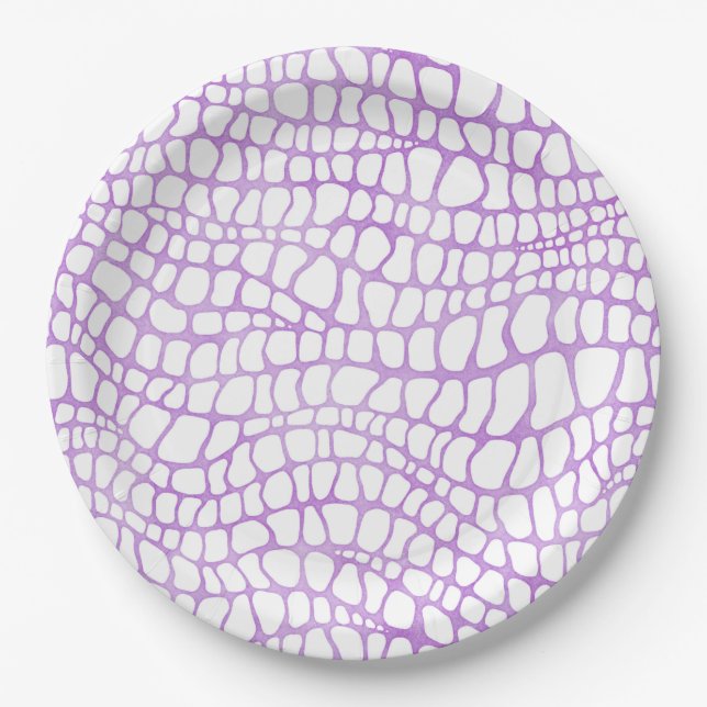 White and Purple Watercolor Crocodile Skin Pattern Paper Plate (Front)