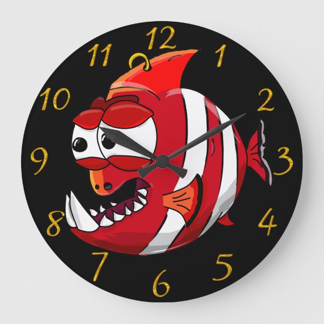 white and red cartoon piranha fish  large clock (Front)