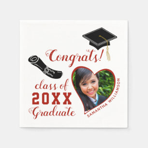White and Red Class of 2025 Photo Graduation Napkin