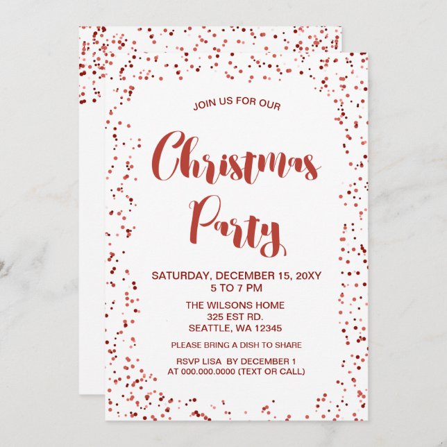 White and Red confetti Modern Christmas Party Invitation (Front/Back)