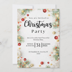 White and Red Floral Christmas Party Invitation
