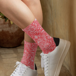 White and red floral paisley pattern socks