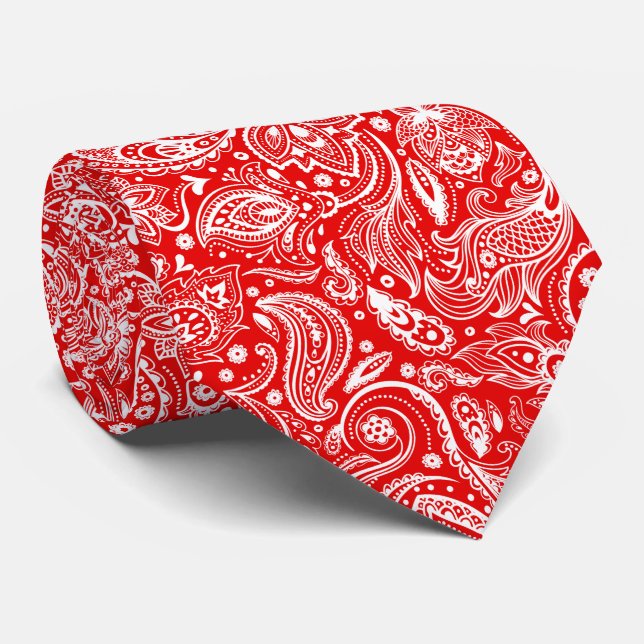 White And Red Floral Paisley Pattern Tie (Rolled)