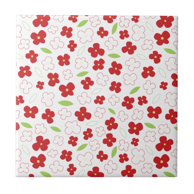 White and Red Flower Pattern Ceramic Tile (Front)
