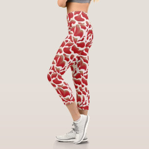 White and Red Flying Leaves Repeating Pattern Capri Leggings