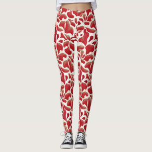 White and Red Flying Leaves Repeating Pattern Leggings