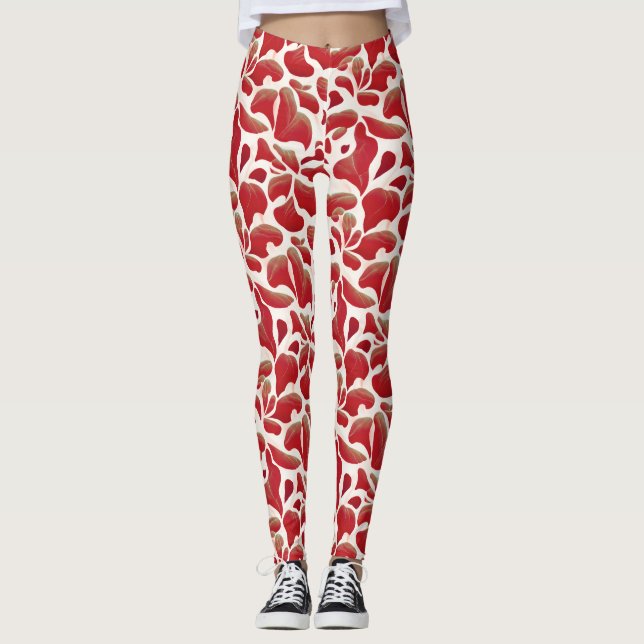 White and Red Flying Leaves Repeating Pattern Leggings (Front)