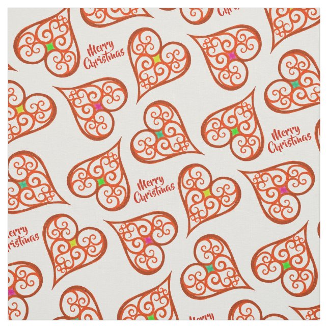 White and Red hearts elegant swirls boho chic Fabric (Swatch)