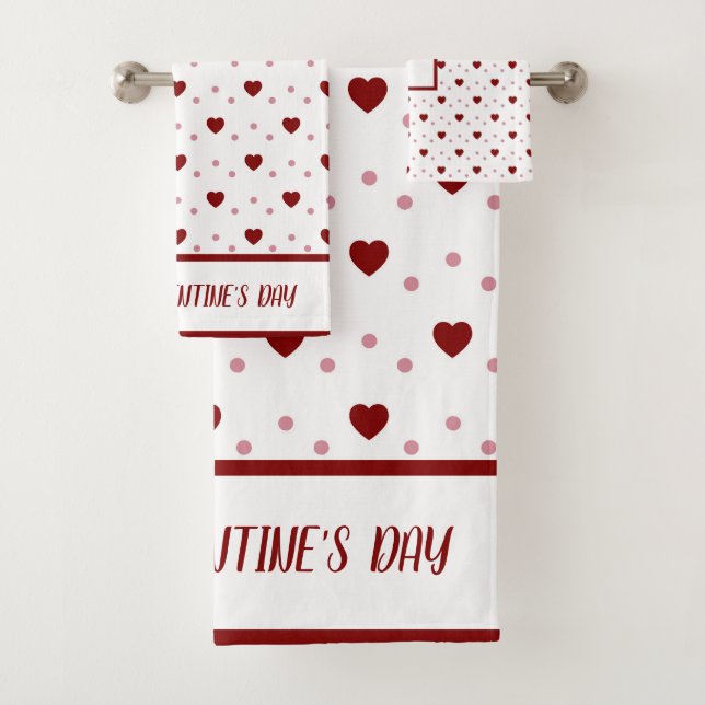 White and Red Hearts Happy Valentine's Day Bath Towel Set (Insitu)