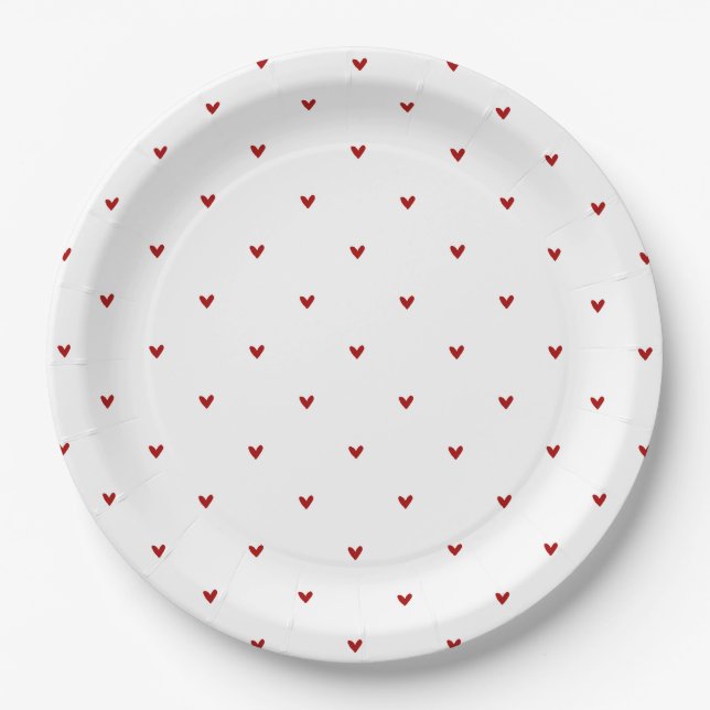 White and Red Hearts Pattern Valentine's Day Paper Plate (Front)