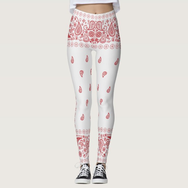 White and Red Paisley Design  Leggings (Front)