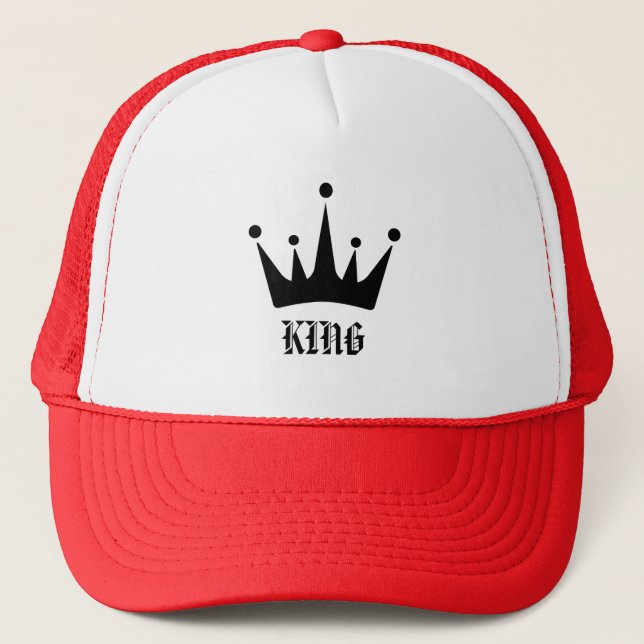 White and Red Pink KING Text Crown Image Trucker Hat (Front)