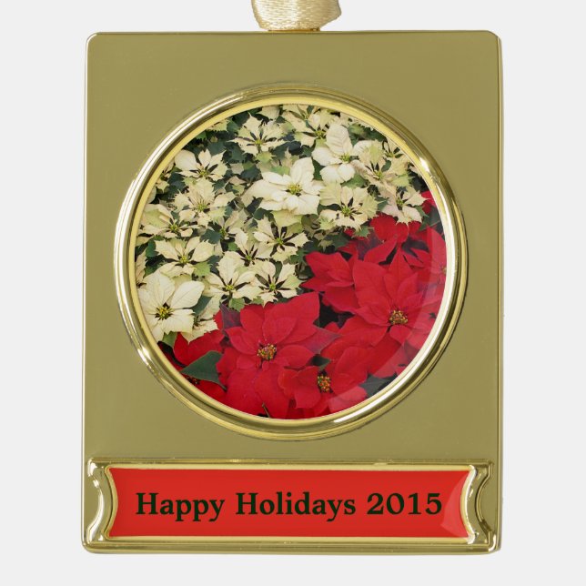White and Red Poinsettias I Holiday Floral Gold Plated Banner Ornament (Front)
