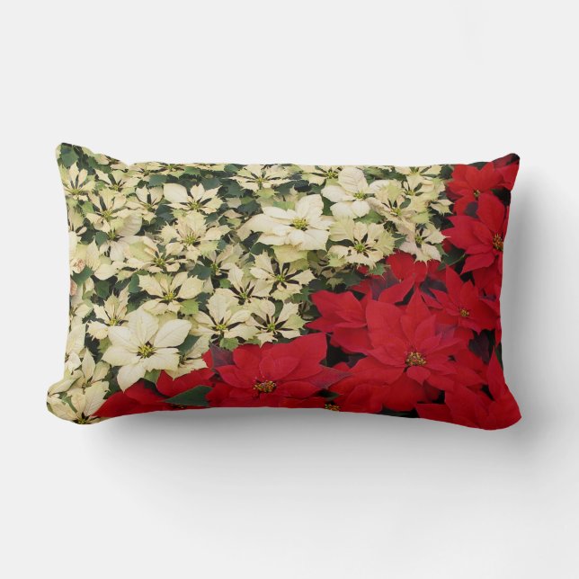 White and Red Poinsettias I Holiday Floral Lumbar Cushion (Front)