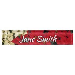 White and Red Poinsettias I Holiday Floral Nameplate