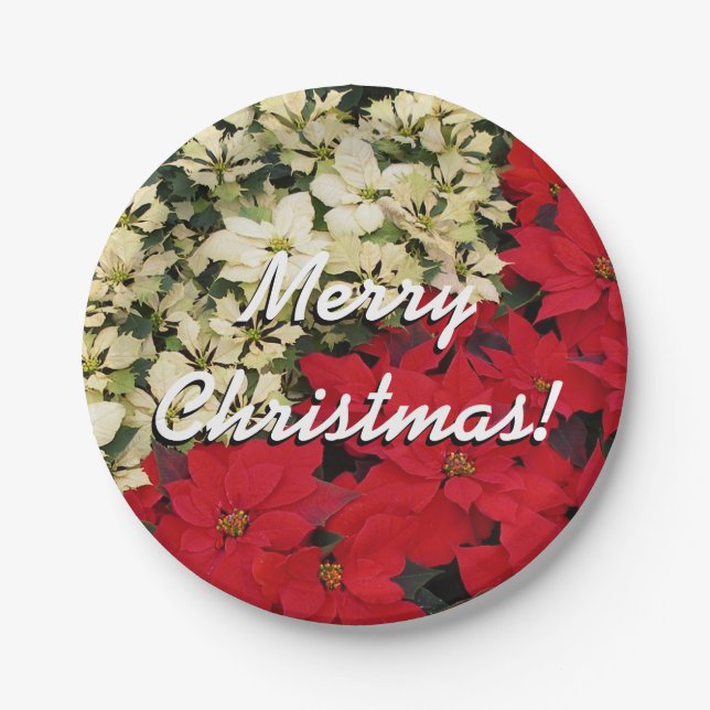 White and Red Poinsettias I Holiday Floral Paper Plate (Front)