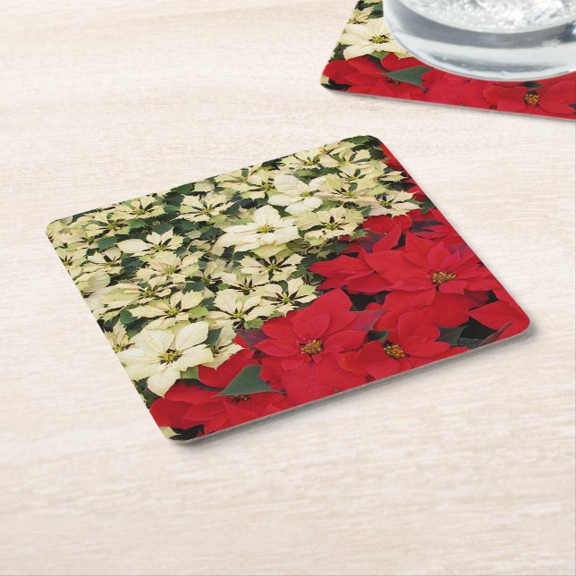White and Red Poinsettias I Holiday Floral Square Paper Coaster (Angled)