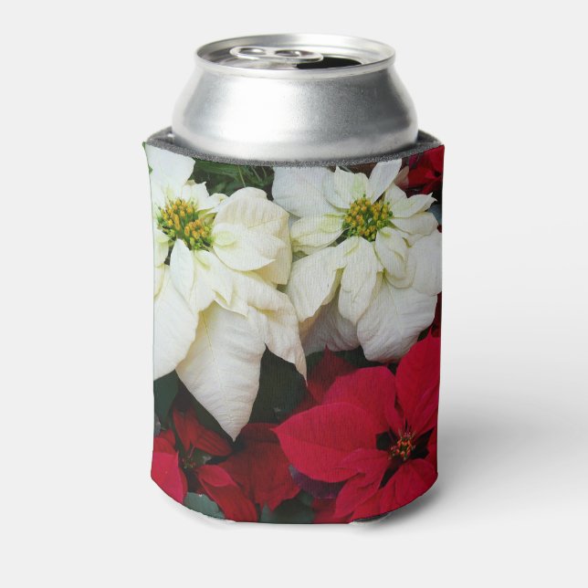White and Red Poinsettias II Christmas Holiday Can Cooler (Can Back)