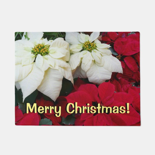 White and Red Poinsettias II Christmas Holiday Doormat (Front)