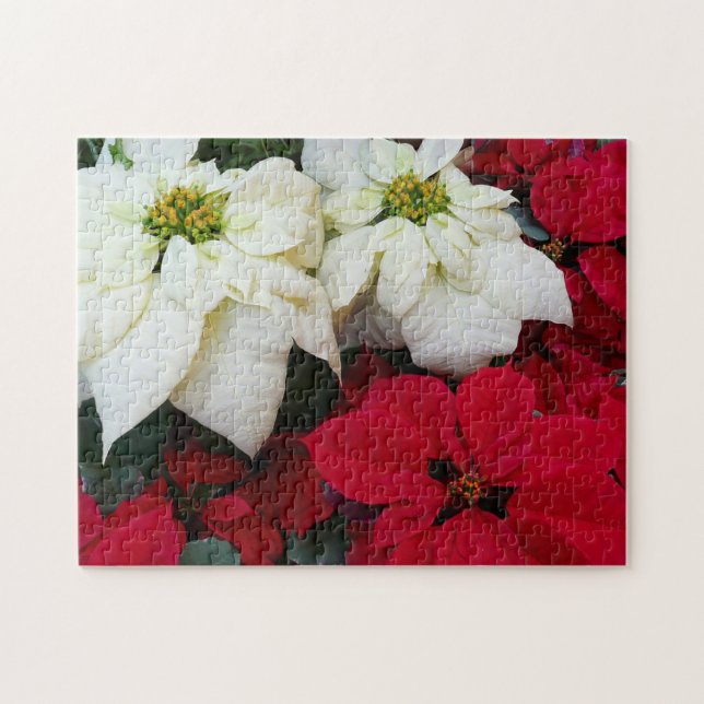 White and Red Poinsettias II Christmas Holiday Jigsaw Puzzle (Horizontal)