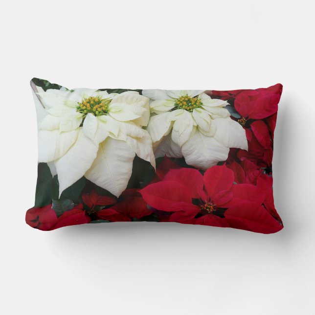 White and Red Poinsettias II Christmas Holiday Lumbar Cushion (Front)
